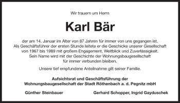 Traueranzeige von Karl Bär von Pegnitz-Zeitung